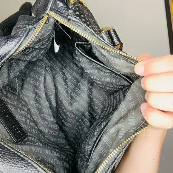 STEVE MADDEN Women's Black Embossed Faux Leather Gold Accent Handbag Purse - Picture 4 of 12